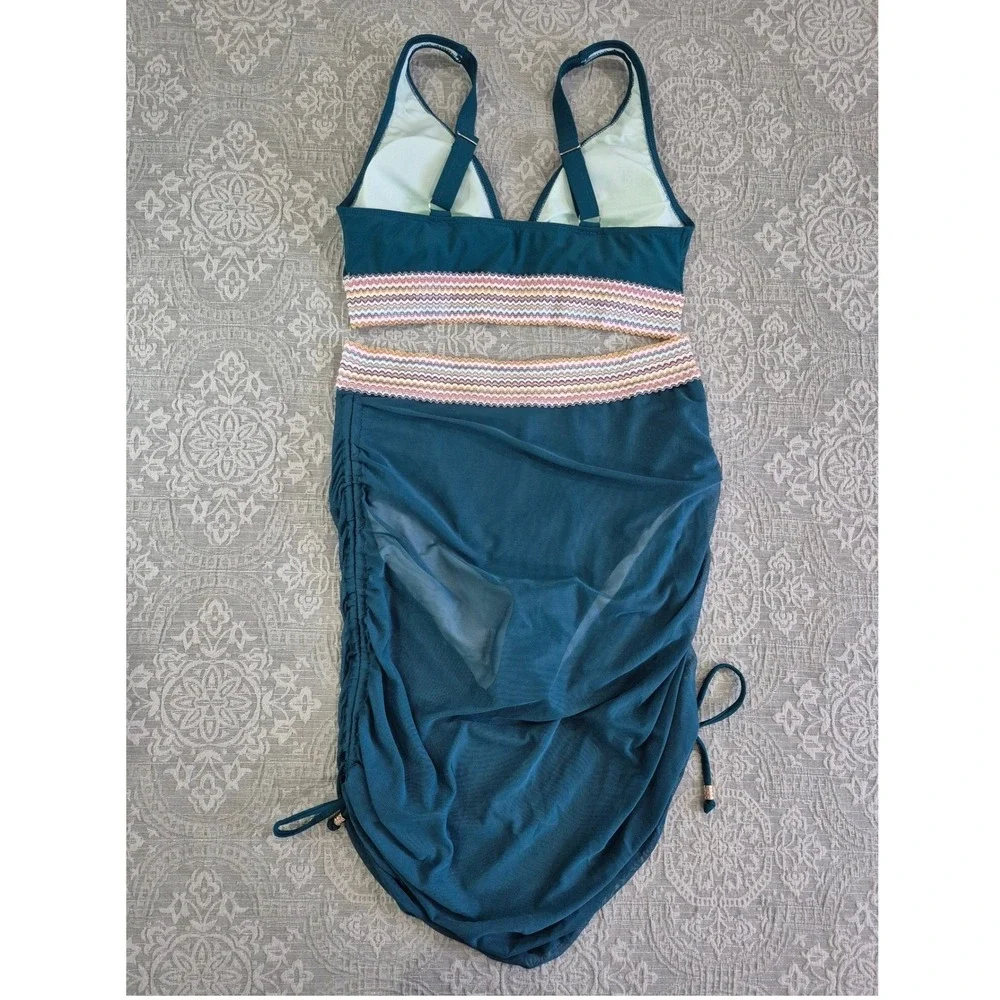 Teal High Waisted Bikini‎ Mesh Skirt Set Chevron Trim Womens Large